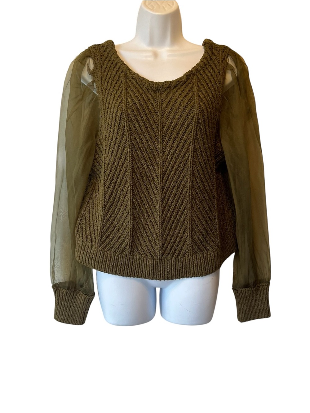 Maeve Anthropologie sweater Sheer silk sleeves L Olive green Cable knit top